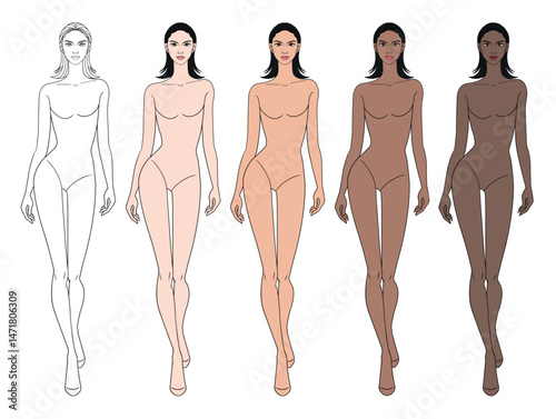 Colored skin tones fashion croquis figurines walking with short hair woman in vector.