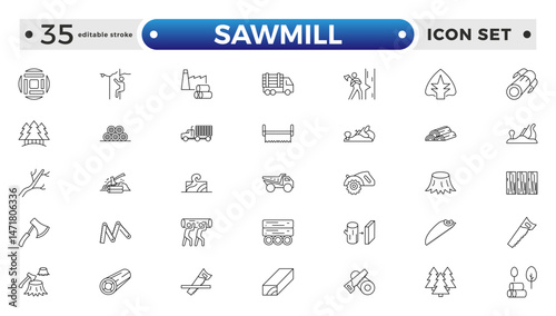 Sawmill outline icon set. Logging, sawmill, icon set. Lumber, lumberjack, linear icons. Wood production. Editable stroke outline icon.
