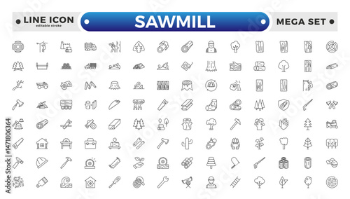 Sawmill outline icon set. Logging, sawmill, icon set. Lumber, lumberjack, linear icons. Wood production. Editable stroke outline icon.
