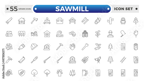 Sawmill outline icon set. Logging, sawmill, icon set. Lumber, lumberjack, linear icons. Wood production. Editable stroke outline icon.

