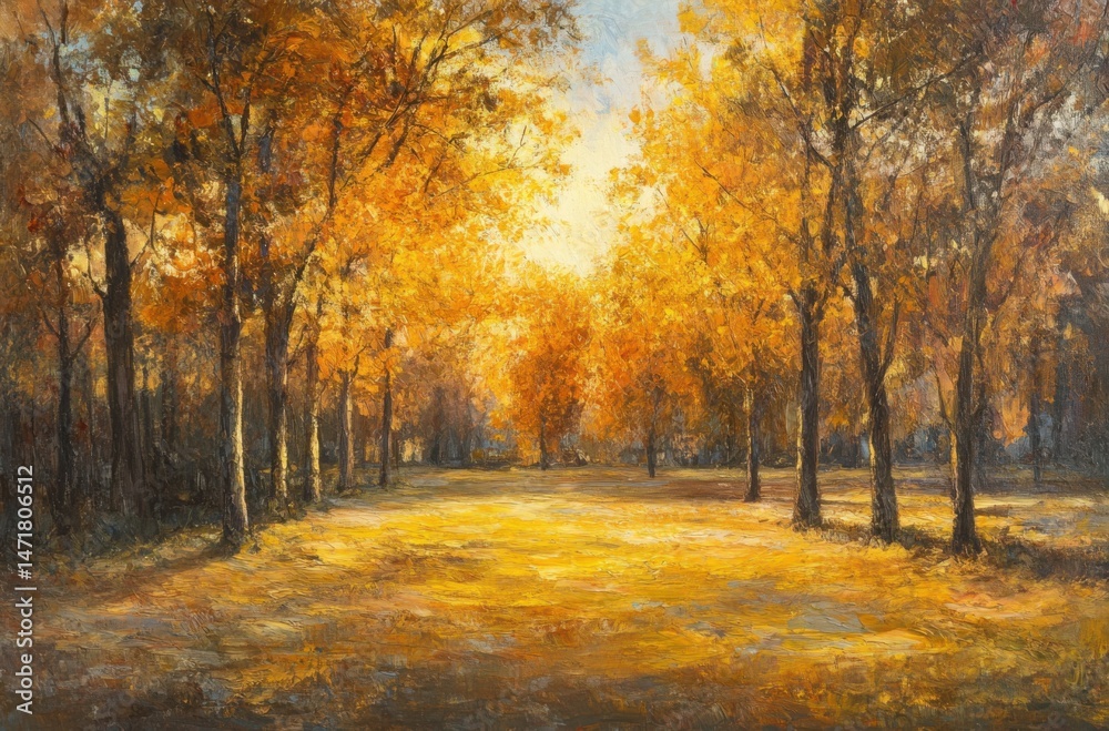 Golden sunlight falling on autumn trees in park Golden sunlight falling on autumn trees in park
