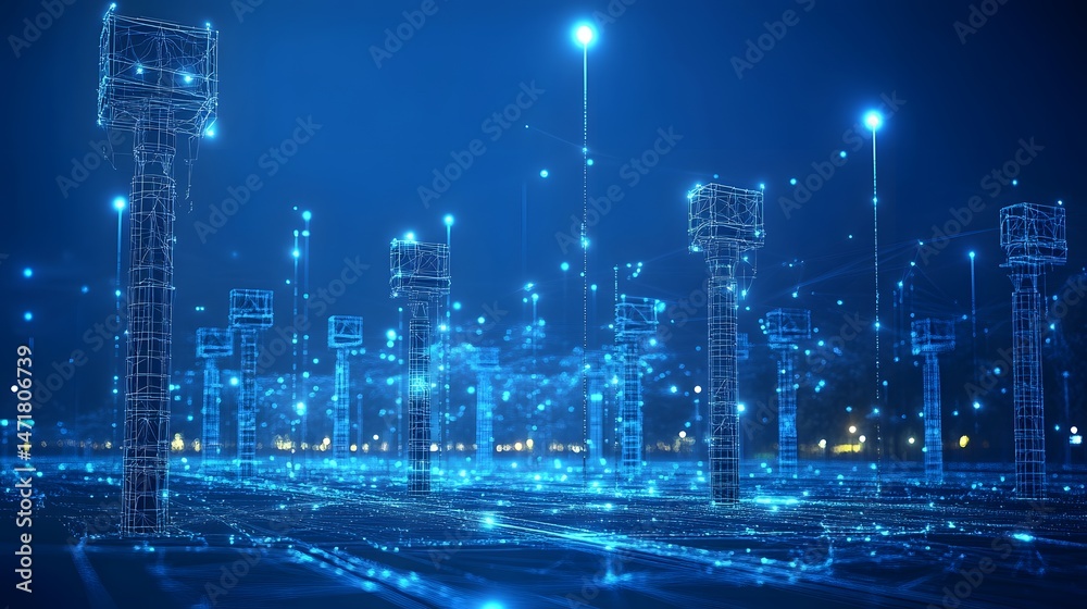 Fototapeta premium Futuristic blue wireframe cityscape with glowing towers and bright lights. A digital abstract urban environment evoking high-tech innovation and connectivity. Abstract dark blue wireframe