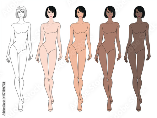 Fashion colored skin tone figure walking with short bob hair woman in vector.