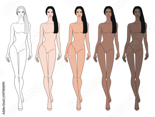 Fashion colored skin tone figure walking with straight long hair woman in vector.