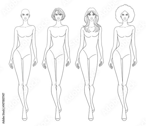 Fashion outline sketch drawing croquis figurines female body walking with different hairs in vector.