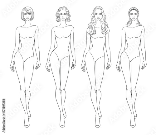 Fashion outline sketch drawing croquis figurines female body walking with different hairs in vector.