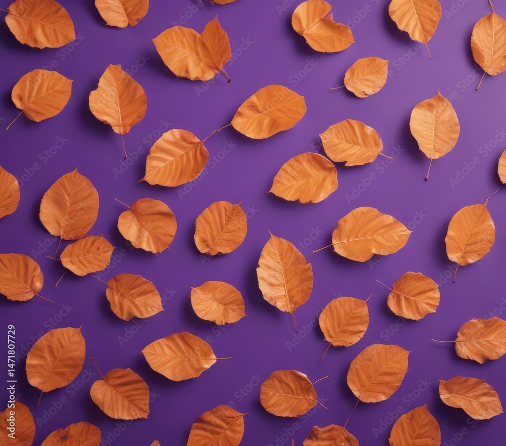 Delicate dry orange leaves, geometric violet backdrop , retro, vintage Delicate dry orange leaves, geometric violet backdrop , retro, vintage
