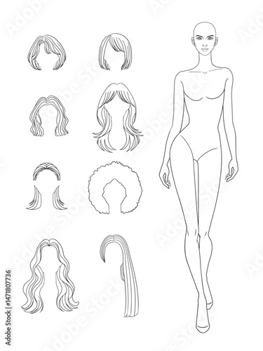 Mix and match fashion outline sketch croquis figurines female body with different hairs in vector.