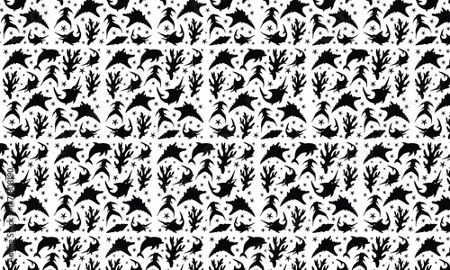 Sea Abstract Underwater Plants Shapes Silhouette Pattern, Coral Reef Plants, Different Types Of Marine Flora Decorative Elements, Abstract Sea Shells, Starfish.