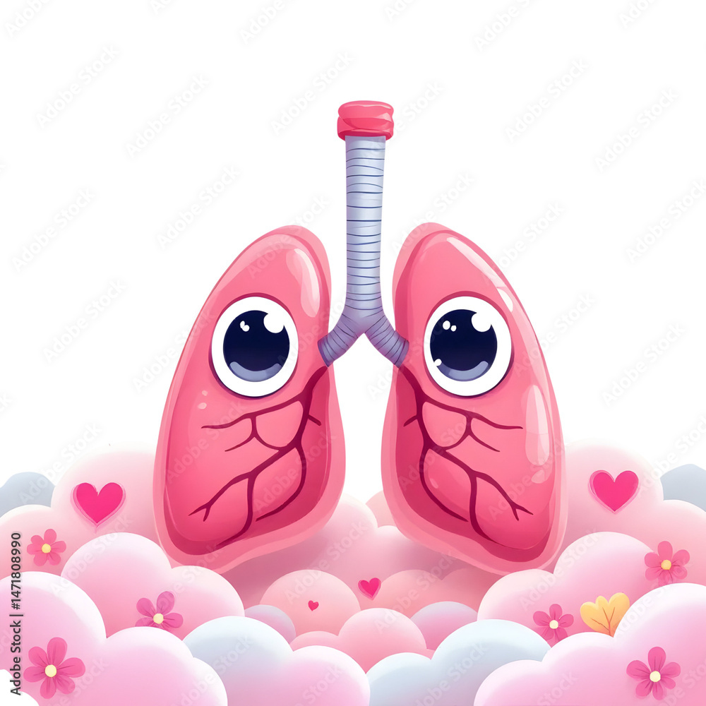 Fototapeta premium A funny cartoon character, a 3D render of a man with a lungs symbol sign, exudes cute, playful fun