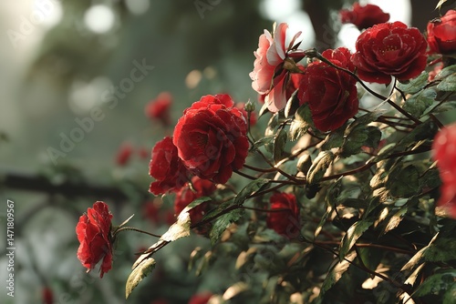 There are several red roses in a garden. Generative Ai