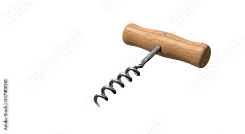 A simple, elegant corkscrew with a smooth wooden handle, ready to uncork a bottle of fine wine, promising relaxation and enjoyment against a clean white background.