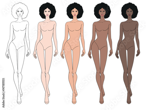 Fashion colored skin tone figure walking with afro hair woman in vector.