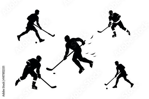 Ice hockey, Black silhouette of a winter sport hockey player athlete with stick in action