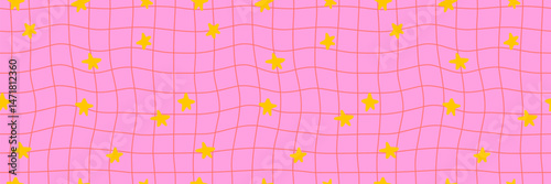 Pink checker pattern retro background. Seamless grid design featuring irregular lines and doodle stars. Y2K aesthetic vector illustration.