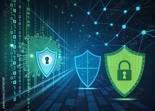 A digital shield featuring a cybersecurity locks, symbolizing security and protection.	