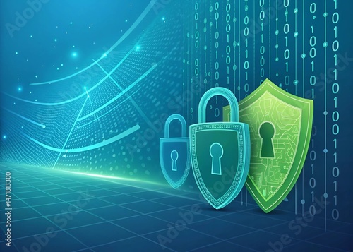 A digital shield featuring a cybersecurity locks, symbolizing security and protection.	