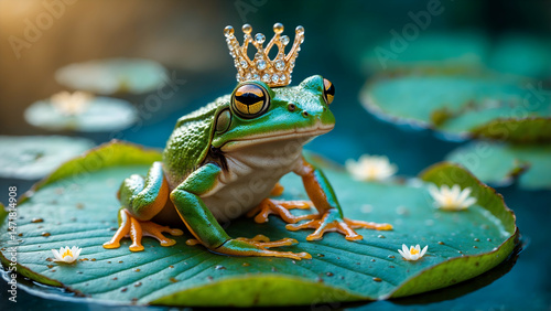 Cute frog wearing a crown, sitting on a lily pad with a princess-like pose