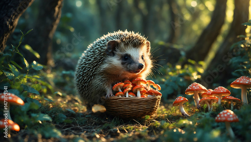  Little hedgehog carrying a basket full of mushrooms in a forest