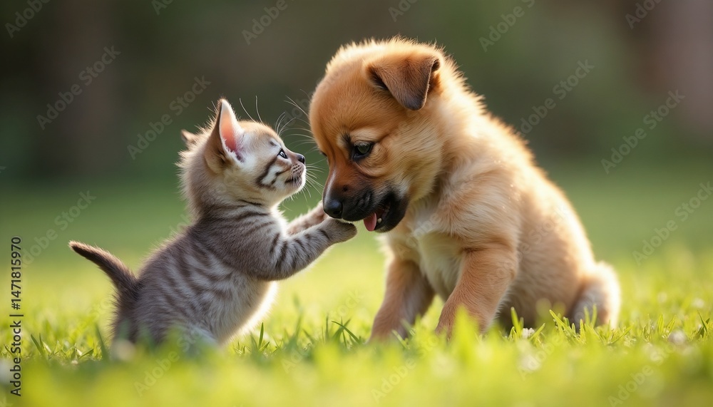 Obraz premium Kitten and Puppy Playing Cheerfully on Green Grass 