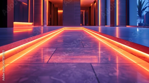 LED light strip pulsing along evacuation route floor, visual rhythm, clean futuristic feel, Cinematic Scene