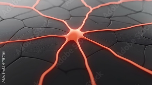 The image shows a stylized neuron, with glowing orange axon terminals extending from a central soma across a dark, textured surface.