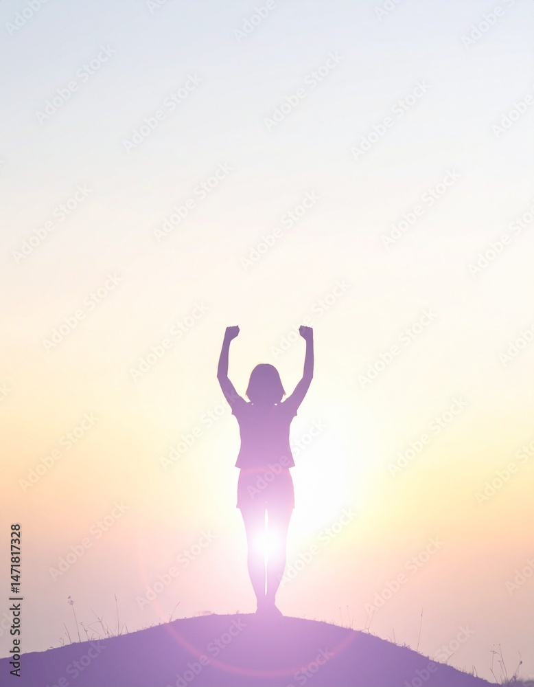Obraz premium silhouette of a woman on top of mountain arms raised success winner achievement, wellness and fitness background with copy space 