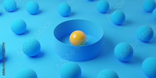 Foto Yellow sphere in round wall excluded from group of blue spheres, group exclusion