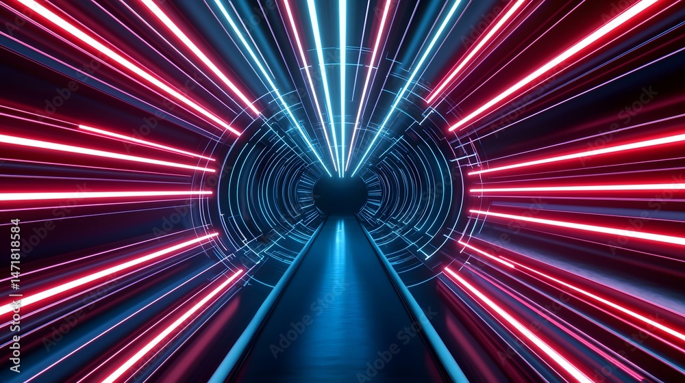 Fototapeta premium The image shows a futuristic tunnel with vibrant pink and blue neon lights radiating outwards from a central point. A sleek, dark walkway leads towards a dark circular opening at the end of the tunn