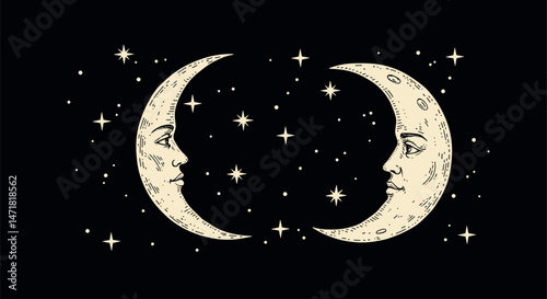 Two crescent moons with human faces and stars on dark night sky in vintage celestial style