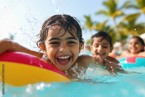 happy indian children enjoying water park