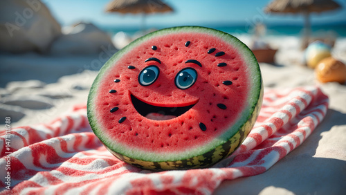 Smiling watermelon slice character on a sunny beach towel