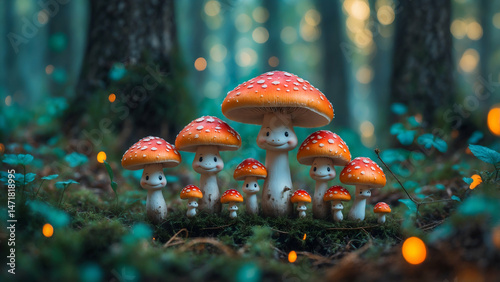 Happy mushroom family with tiny faces in a magical forest setting