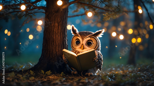  Cute cartoon owl reading a book under a fairy-lit tree