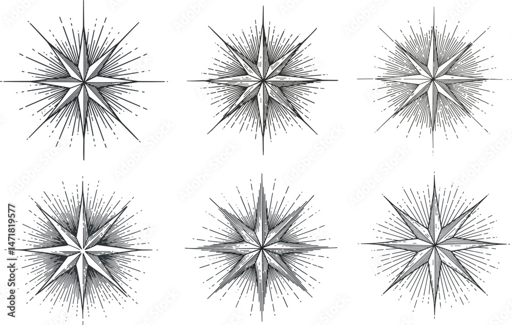 Fototapeta premium Vintage compass stars in hand-drawn black and white style engraving