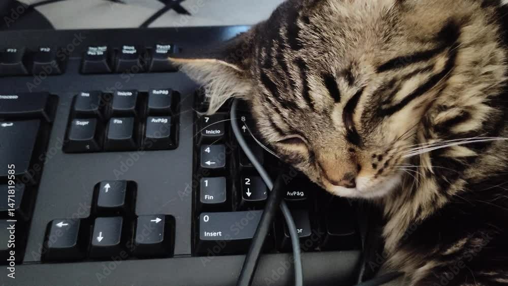 Cat makes rapid eye and facial movements while sleeping in REM sleep phase, where the third eyelid is completely blank while dreaming on top of a computer keyboard.