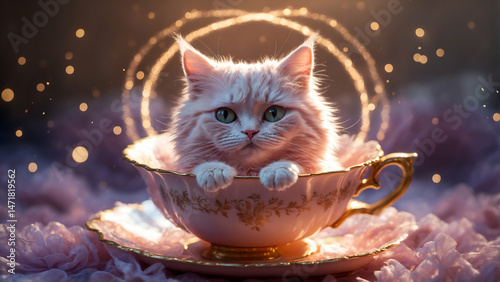 Cute pastel cat sitting in a teacup with sparkles around, soft lighting