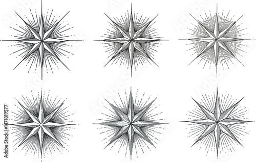 Vintage compass stars in hand-drawn black and white style engraving