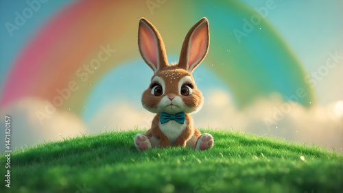 Sweet cartoon bunny wearing a bow tie, sitting on grass under a rainbow