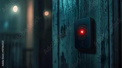 Blinking power switch tagged DO NOT RESET, moment of tension, minimal interface aesthetic, Cinematic Scene