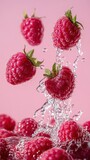 Captivating fresh raspberries falling into pure water against a soft pastel pink backdrop for a vibrant splash