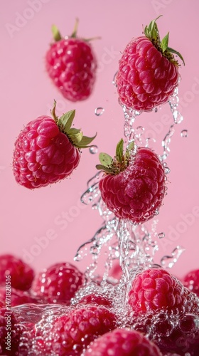 Captivating fresh raspberries falling into pure water against a soft pastel pink backdrop for a vibrant splash