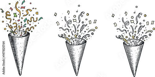Set of vintage engraving style party poppers with confetti explosion for celebration and festive decor