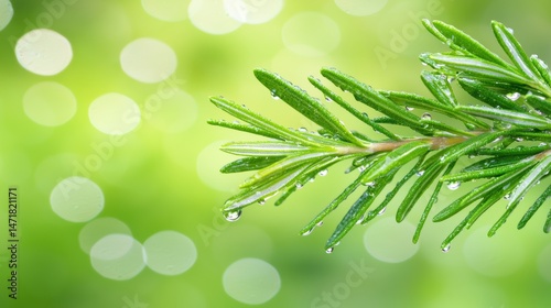Rosemary branch with fresh green leaves and water droplets vibrant detail on a blurred soft background