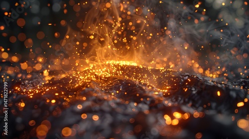 Welding sparks reflecting off fire-resistant tarp, controlled energy, glowing process shot, Cinematic Scene