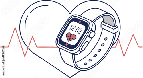 Smartwatch Displays Heart Rate Inside a Heart Outline With a Heartbeat Line Illustration