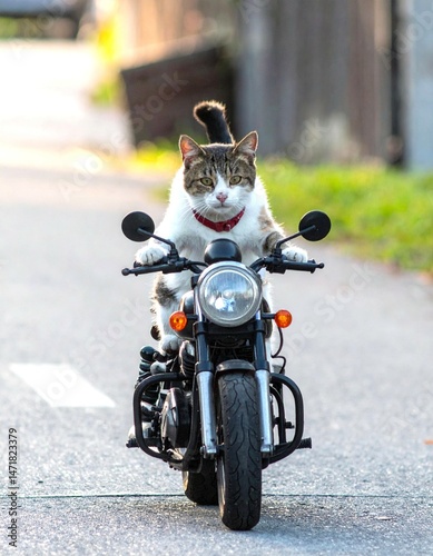 Anthropomorphic cat riding a motorcycle on the road