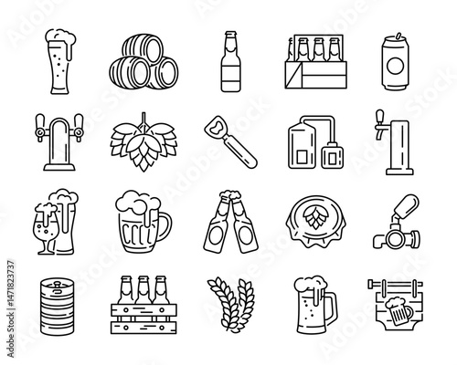 Beer icons. Large set of beer trendy minimal icons. Mug, Barrel, Bottle, Hops, Can, Opener, Tap icons. Design signs for web page, mobile app, packaging design. Vector illustration.