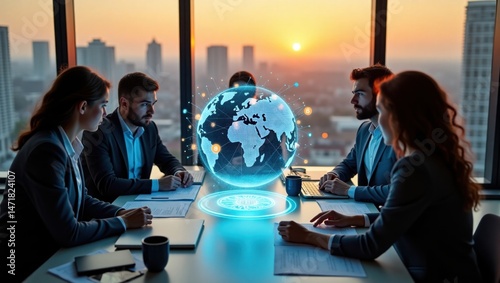 Equipo de empresarios analiza un globo virtual en 3D con datos financieros interconectados