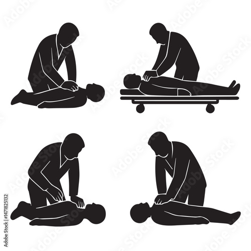 CPR Silhouettes – Medical Professionals Performing Chest Compressions and Resuscitation Actions